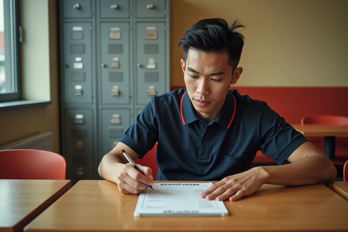 Étudiant en pause examinant sa fiche de salaire dans la salle de repos d'un fast-food, symbolisant la prime d'ancienneté