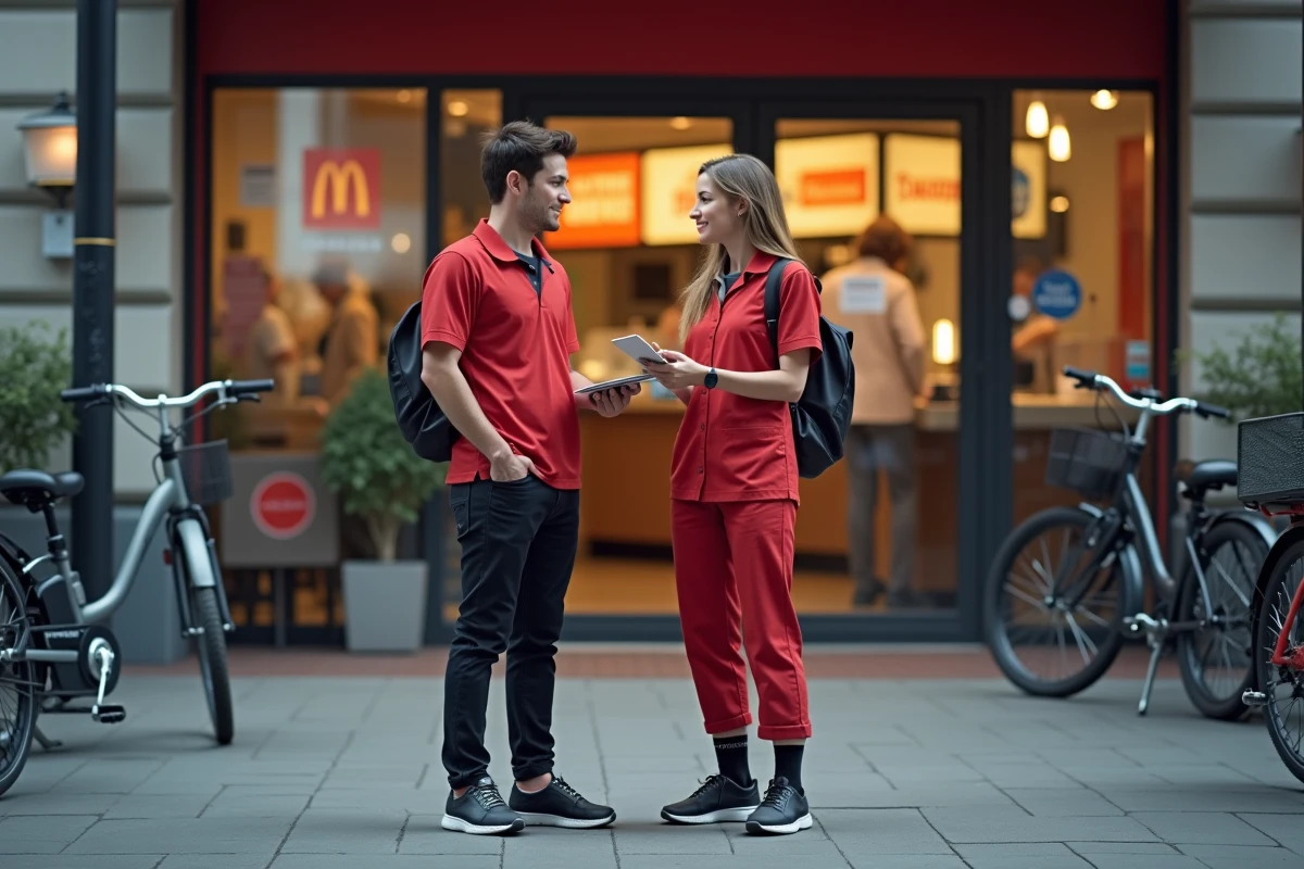 Deux employés étudiants en uniforme de fast-food discutant devant l'entrée du restaurant, évoquant les conditions de travail et la rémunération