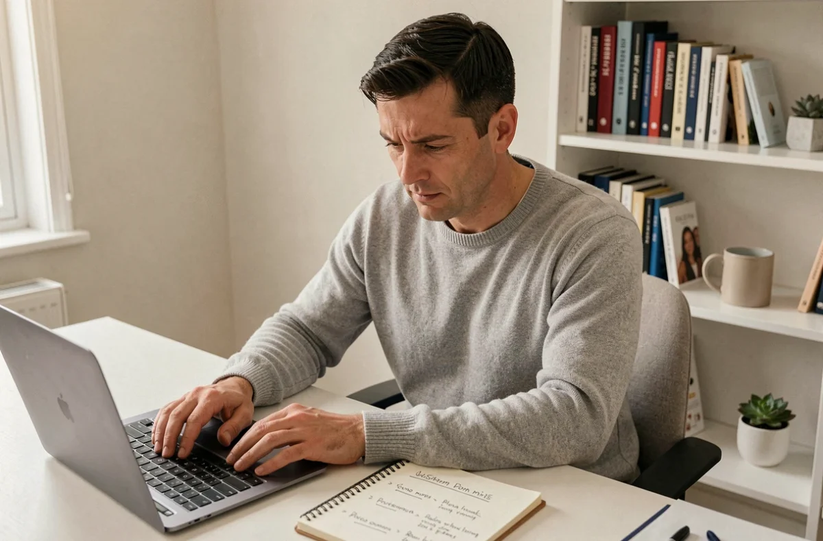 Entrepreneur évaluant seul les avis et promesses marketing d'une solution de gestion d'équipe business
