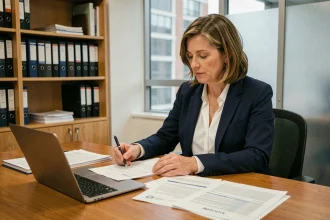 Femme professionnelle examinant des documents juridiques relatifs au statut d'association d'intérêt général et d'organisation d'utilité publique