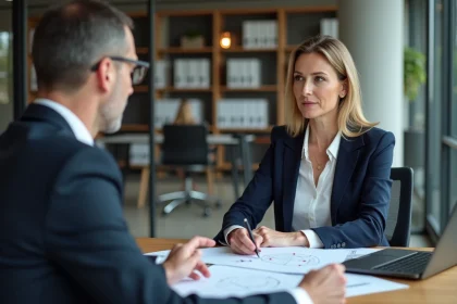 Dirigeante de PME en réunion avec un consultant en externalisation DSI dans un bureau moderne