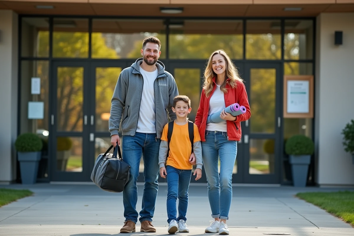 Famille souriante devant centre recreation moderne