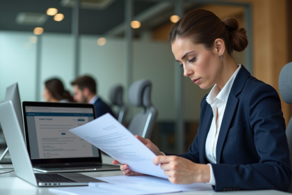 Femme d'affaires en bureau examinant des documents