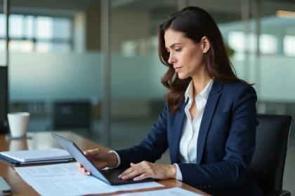 Femme d affaires en costume bleu lisant un document sur une tablette