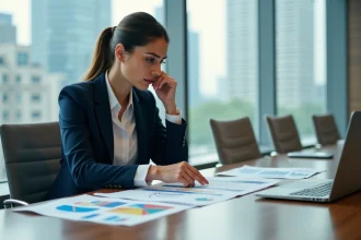 Femme d affaires en réunion avec documents et ordinateur