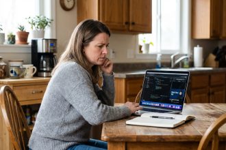 Femme concentrée en cours d'informatique à la maison