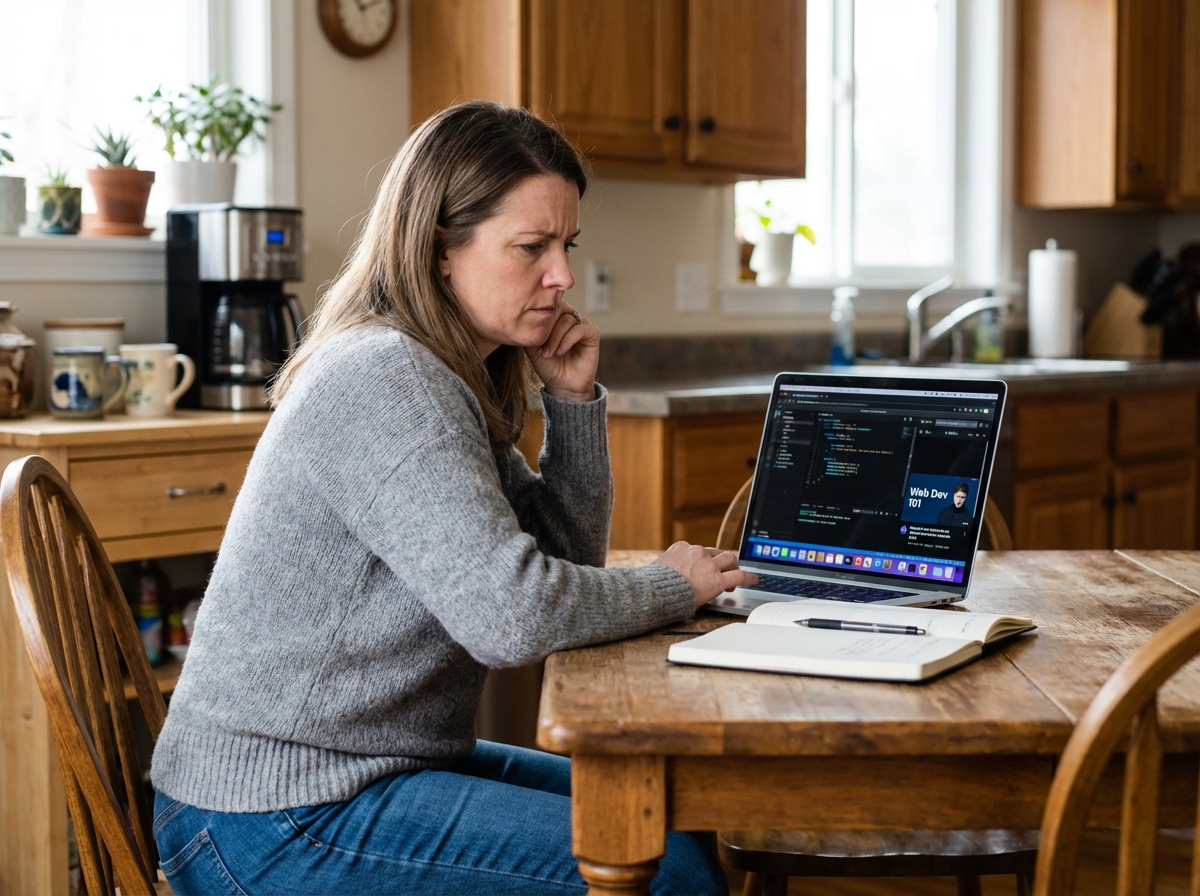 Femme concentrée en cours d'informatique à la maison