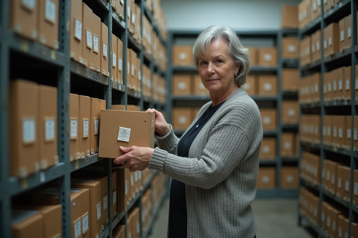 Femme archiviste rangeant des dossiers dans une salle d