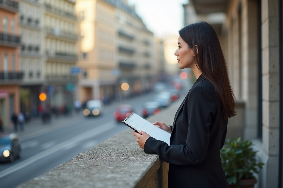 Jeune femme pensant sur un balcon urbain