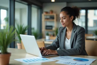 Femme professionnelle analysant un rapport numérique au bureau