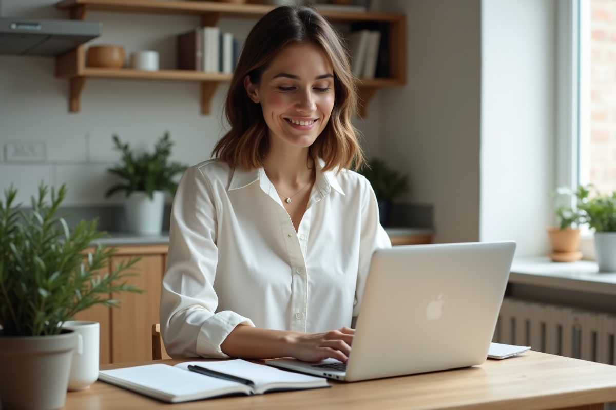 Femme souriante travaillant sur un ordinateur dans une cuisine lumineuse