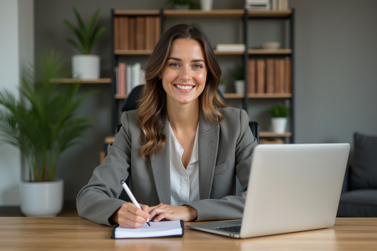 Femme en blazer souriante dans un bureau moderne