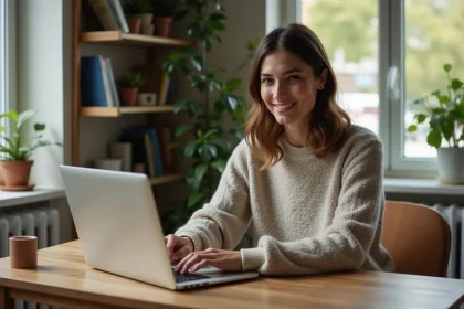 Femme assise à un bureau moderne dans un home office