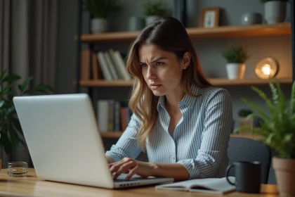 Femme frustr&eacute;e au bureau &agrave; domicile face &agrave; un ordinateur