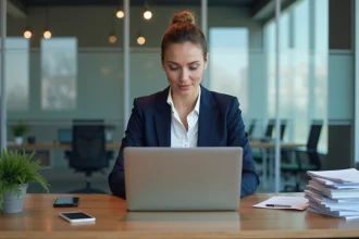 Femme professionnelle télécharge un extrait Kbis sur son ordinateur