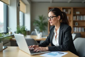 Femme en blazer travaillant sur un ordinateur dans un bureau moderne