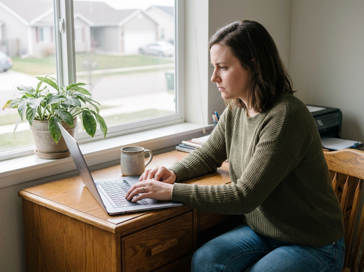 Jeune femme concentrée travaillant à son bureau à domicile
