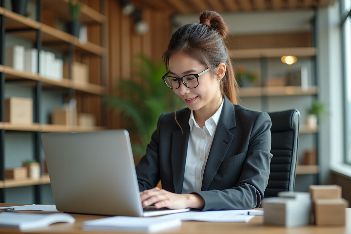 Jeune femme en costume vérifiant stock sur son ordinateur