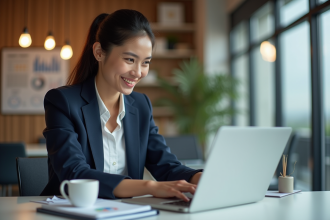 Femme d'affaires en bureau analysant des graphiques