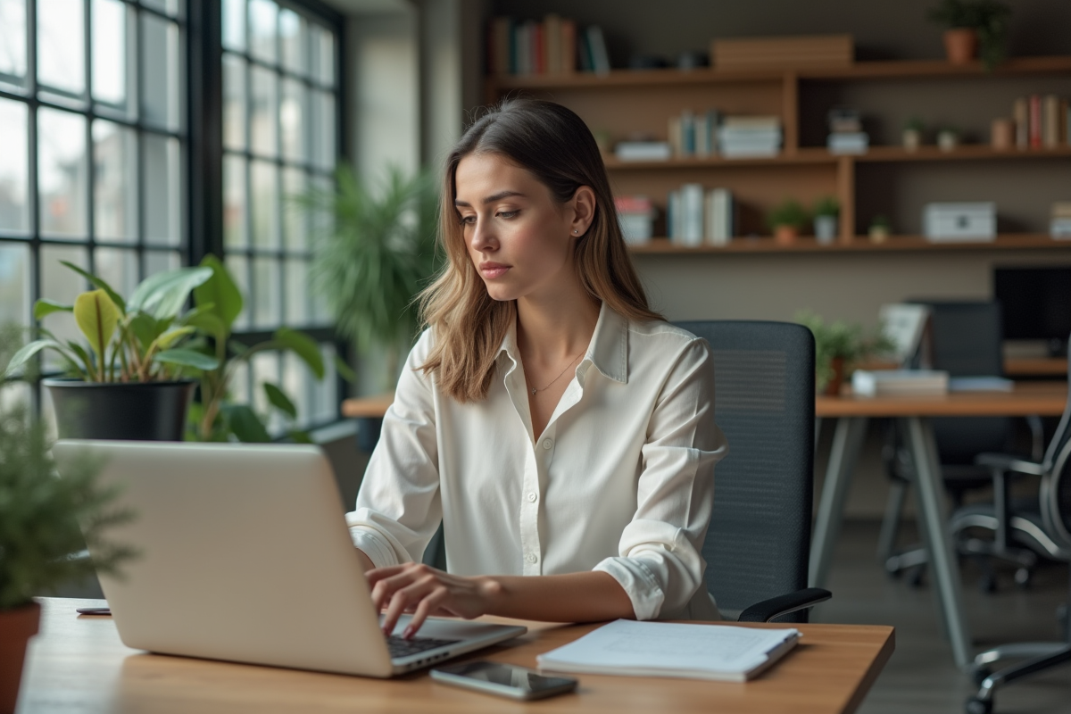Jeune femme au bureau recherchant des infos sur son ordinateur