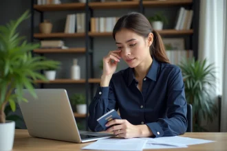 Femme au bureau vérifiant ses documents et passeport