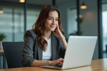 Femme au bureau utilisant un portail gouvernemental