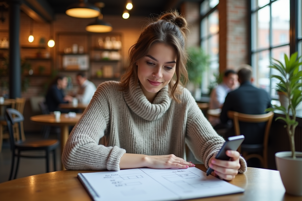 Jeune femme planifie une experience client dans un café