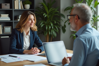 Femme en blazer discutant avec conseiller financier au bureau