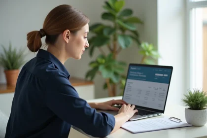 Femme consultant son bulletin de paie en ligne sur un ordinateur portable dans un bureau à domicile
