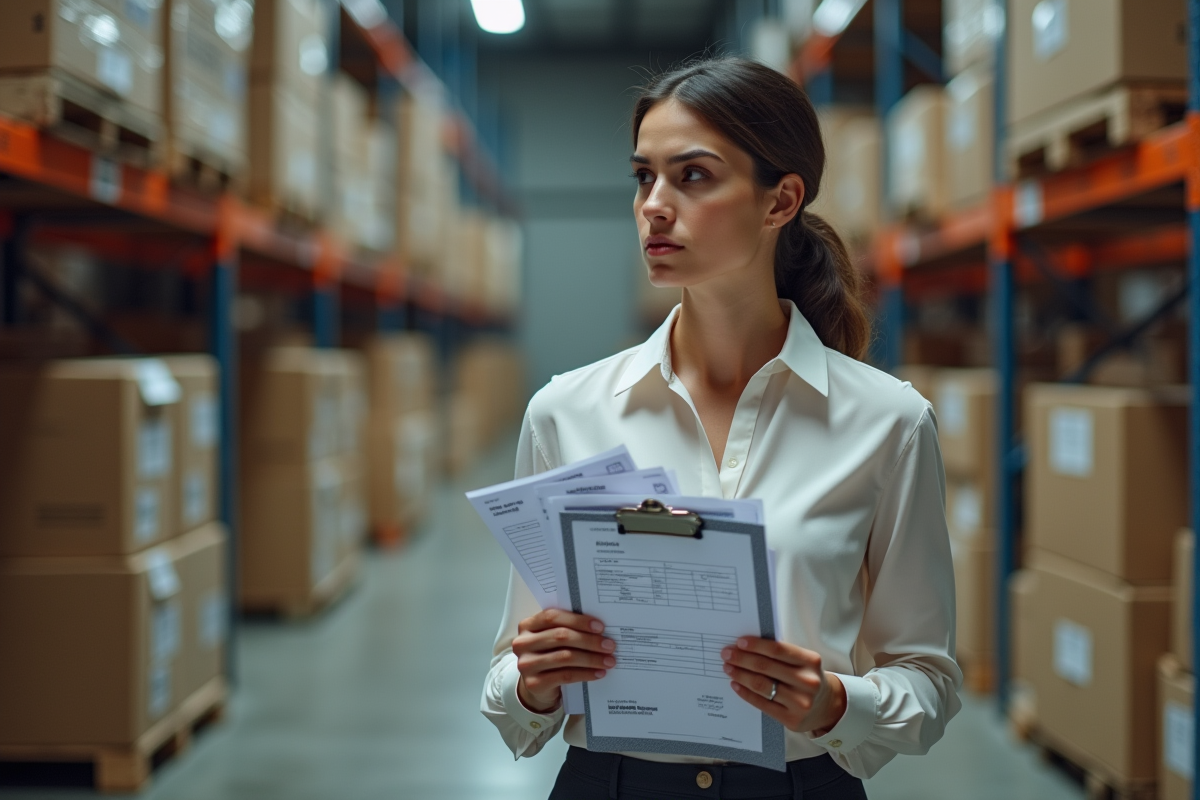 Jeune femme dans un entrepôt de douane avec factures