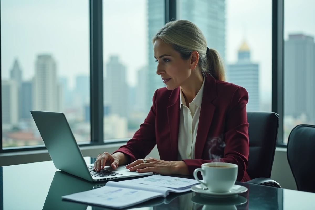 Femme dirigeante analysant seule des données financières sur ordinateur lors d'une opération de fusion-acquisition dans son bureau privé