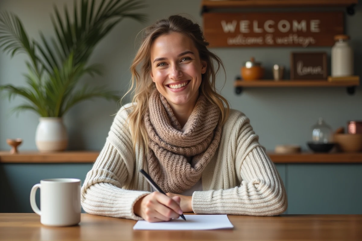 Jeune femme écrivant une note de remerciement à la maison