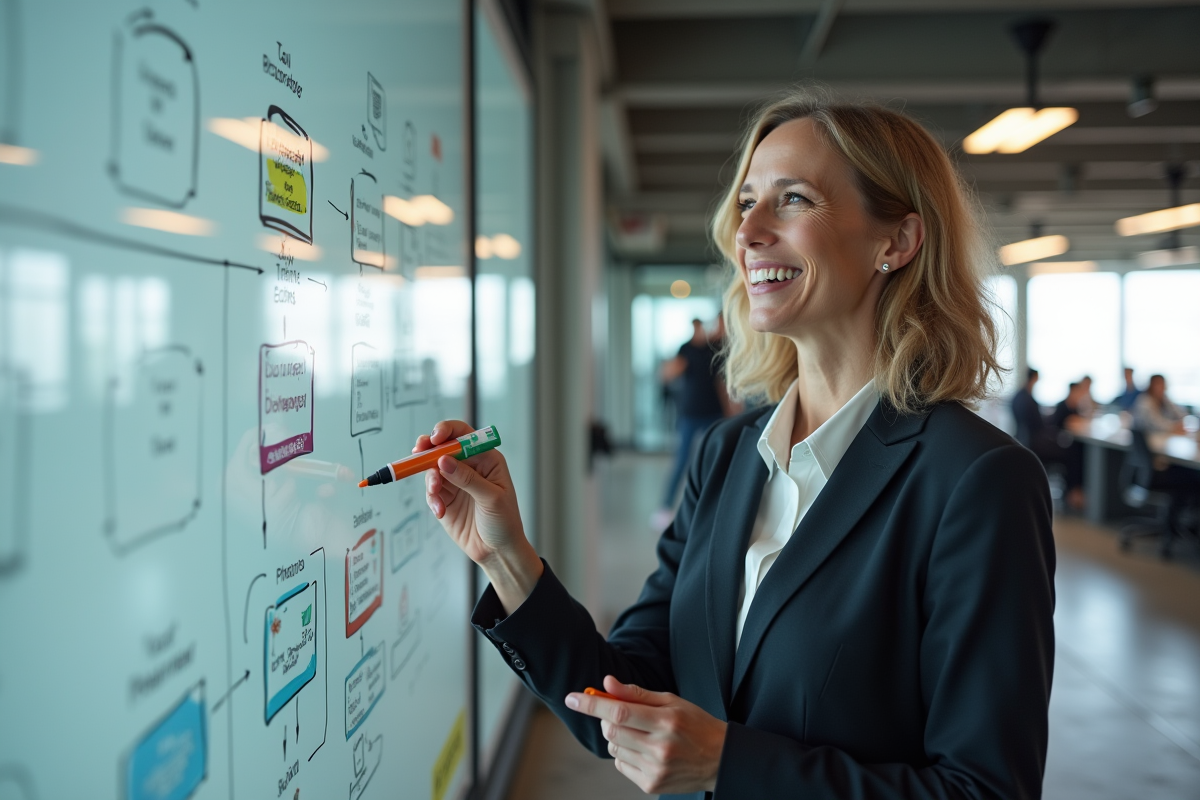 Femme cadre examinant un organigramme dans un bureau lumineux