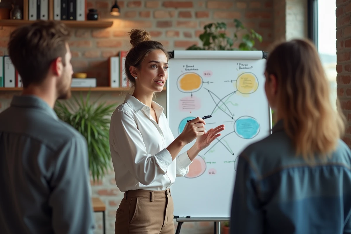 Jeune femme expliquant des diagrammes marketing au tableau blanc