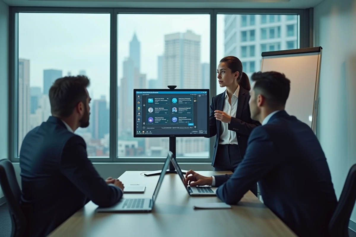 Jeune femme expliquant sur un grand &eacute;cran &agrave; ses coll&egrave;gues