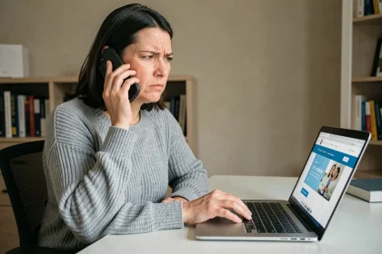 Femme frustrée au téléphone tentant de joindre le service client de Backmarket depuis son bureau à domicile