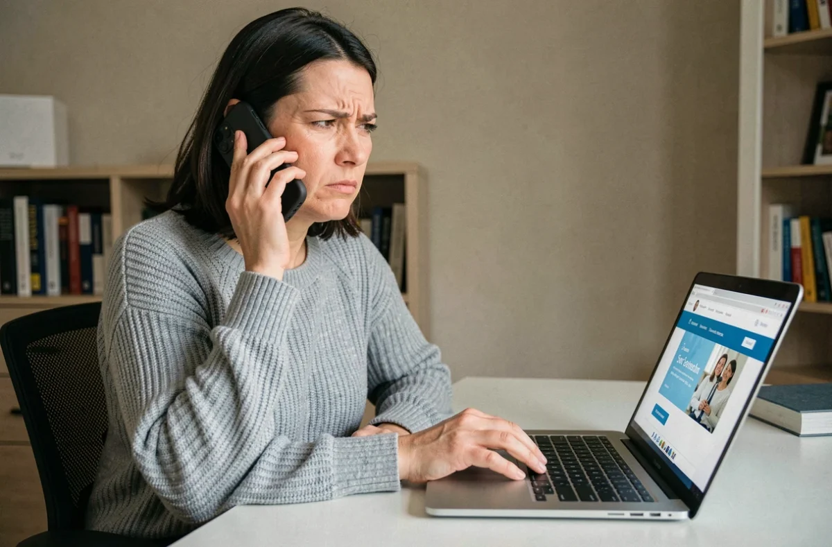 Femme frustrée au téléphone tentant de joindre le service client de Backmarket depuis son bureau à domicile