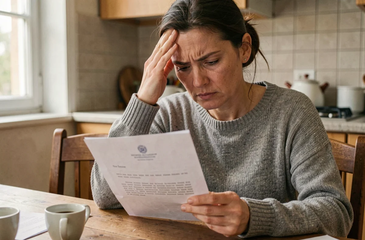 Une femme lisant une lettre de radiation Pôle emploi avec inquiétude dans sa cuisine à domicile