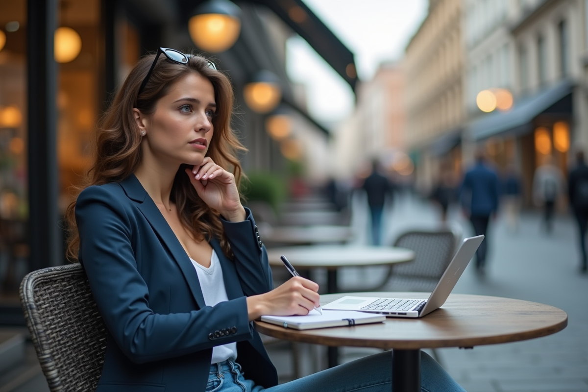 Jeune femme marketer travaillant en extérieur au café