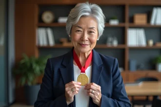 Femme tenant une médaille du Travail dorée dans un bureau professionnel, symbolisant la récompense après 20 ans de carrière