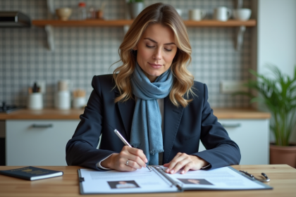 Femme organisée avec documents et passeport dans la cuisine