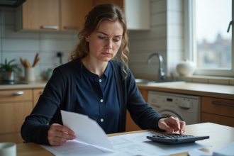 Femme en cuisine analysant des papiers avec calculatrice
