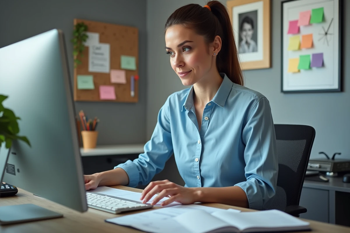 Femme parent organisée en télétravail devant un double écran dans un bureau aménagé à la maison