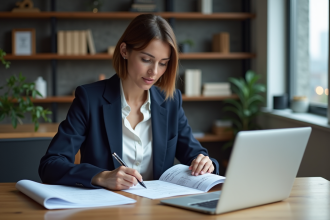 Femme professionnelle en droit annotant des documents juridiques