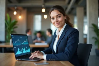 Femme professionnelle analysant des données de croissance d'activité sur un tableau de bord numérique dans un bureau moderne