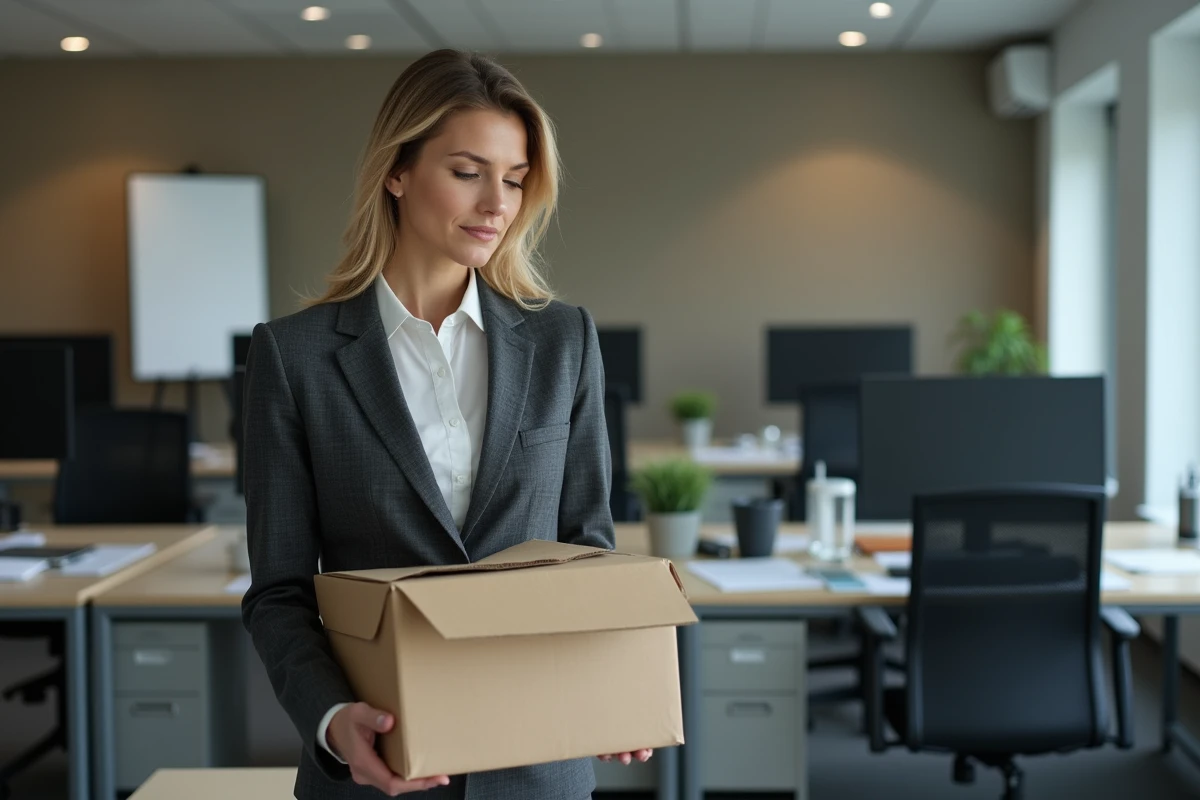 Femme professionnelle quittant son bureau avec ses affaires lors d'un départ discret d'entreprise