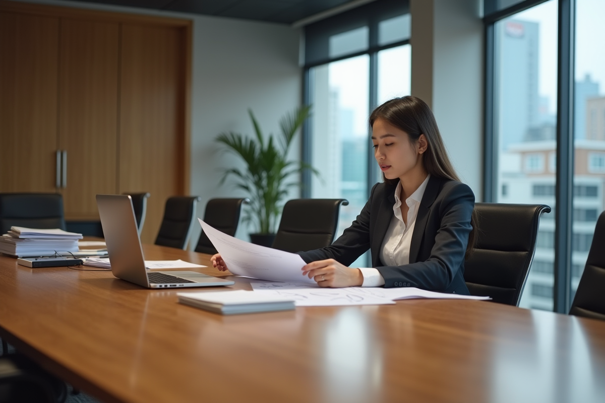 Jeune femme en réunion de travail dans une salle moderne