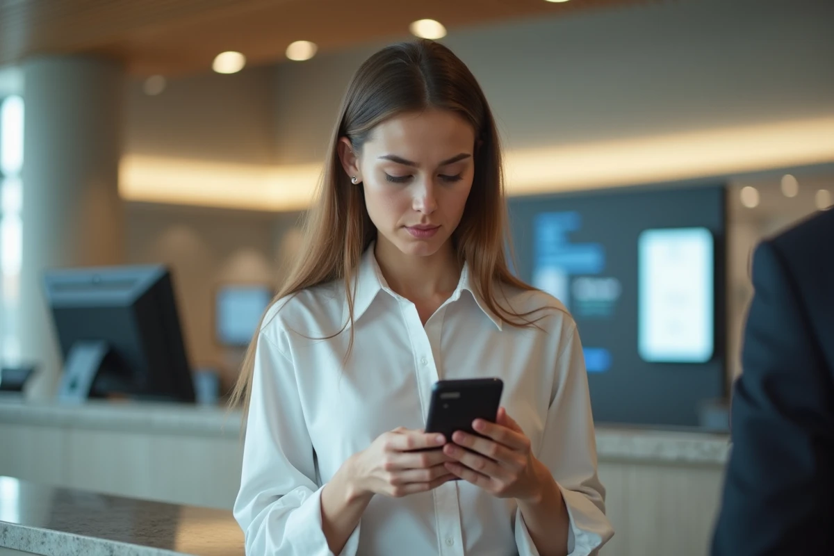 Jeune femme au comptoir bancaire utilisant son smartphone