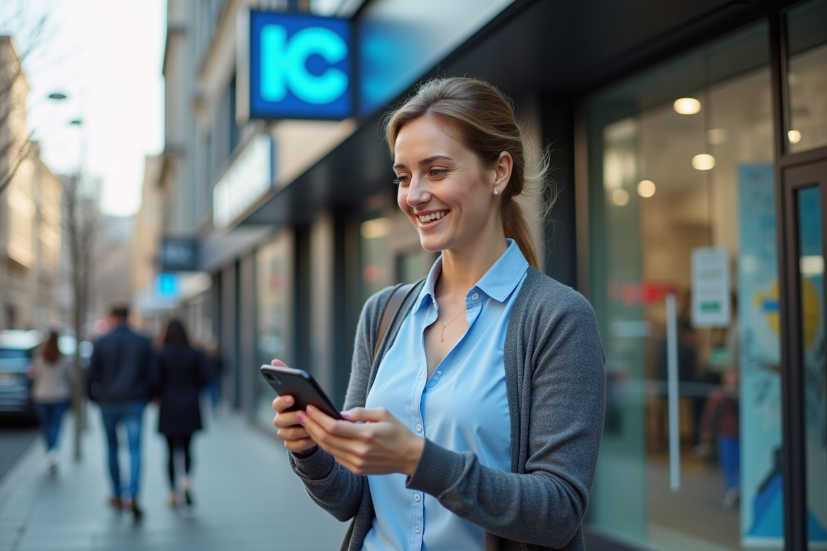 Femme dehors avec smartphone devant un magasin de télécommunications