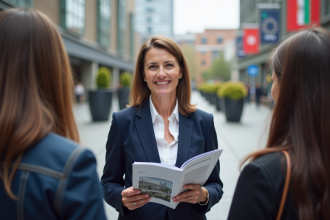 Femme en costume bleu parle avec des habitants dans une place urbaine